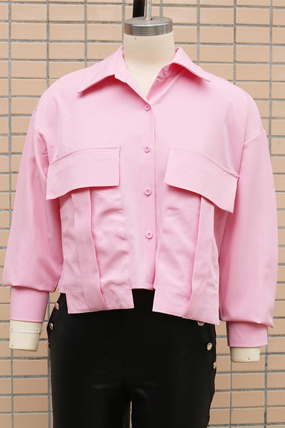 Blusa informal de cuello camisero con botones y patchwork de color liso para uso diario