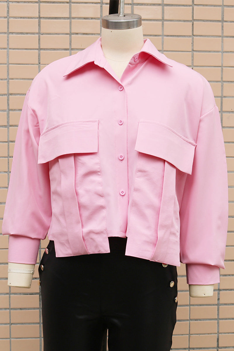 Blusa informal de cuello camisero con botones y patchwork de color liso para uso diario (3 colores)