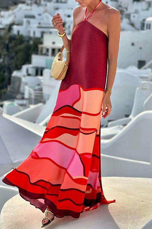 Vestidos casuales de vacaciones con estampado geométrico, con cordones, espalda descubierta, cuello halter, sin mangas