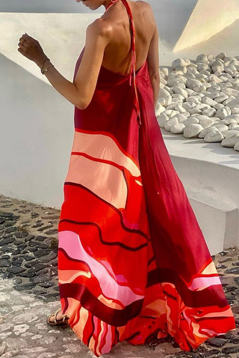 Vestidos casuales de vacaciones con estampado geométrico, con cordones, espalda descubierta, cuello halter, sin mangas