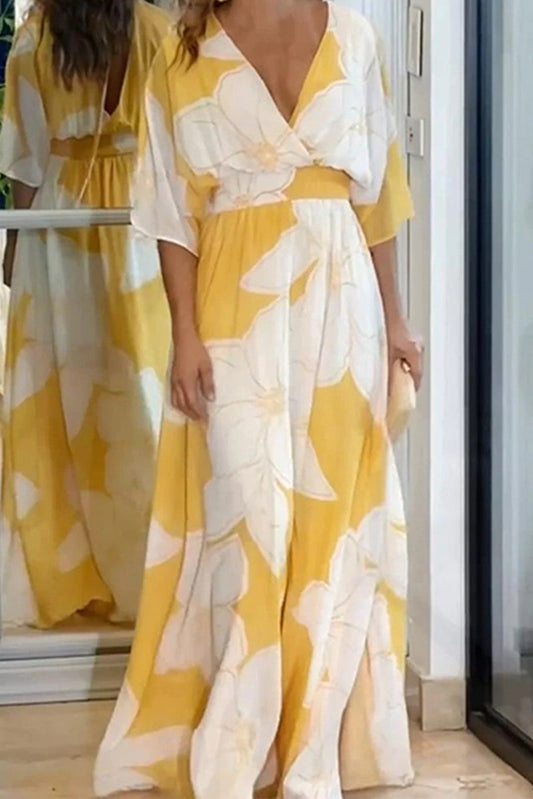 Vestidos casuales de calle con estampado irregular de flores, sin espalda, cuello en V, línea A