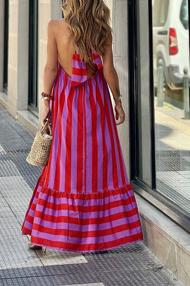 Vestidos casuales de calle con estampado de rayas, con cordones, espalda descubierta, contraste, cuello halter, sin mangas