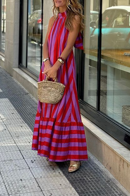 Vestidos casuales de calle con estampado de rayas, con cordones, espalda descubierta, contraste, cuello halter, sin mangas