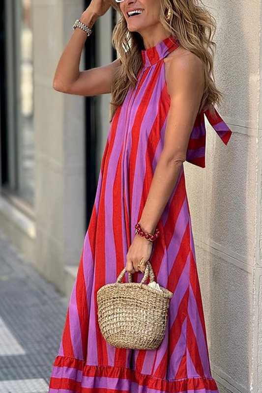 Vestidos casuales de calle con estampado de rayas, con cordones, espalda descubierta, contraste, cuello halter, sin mangas