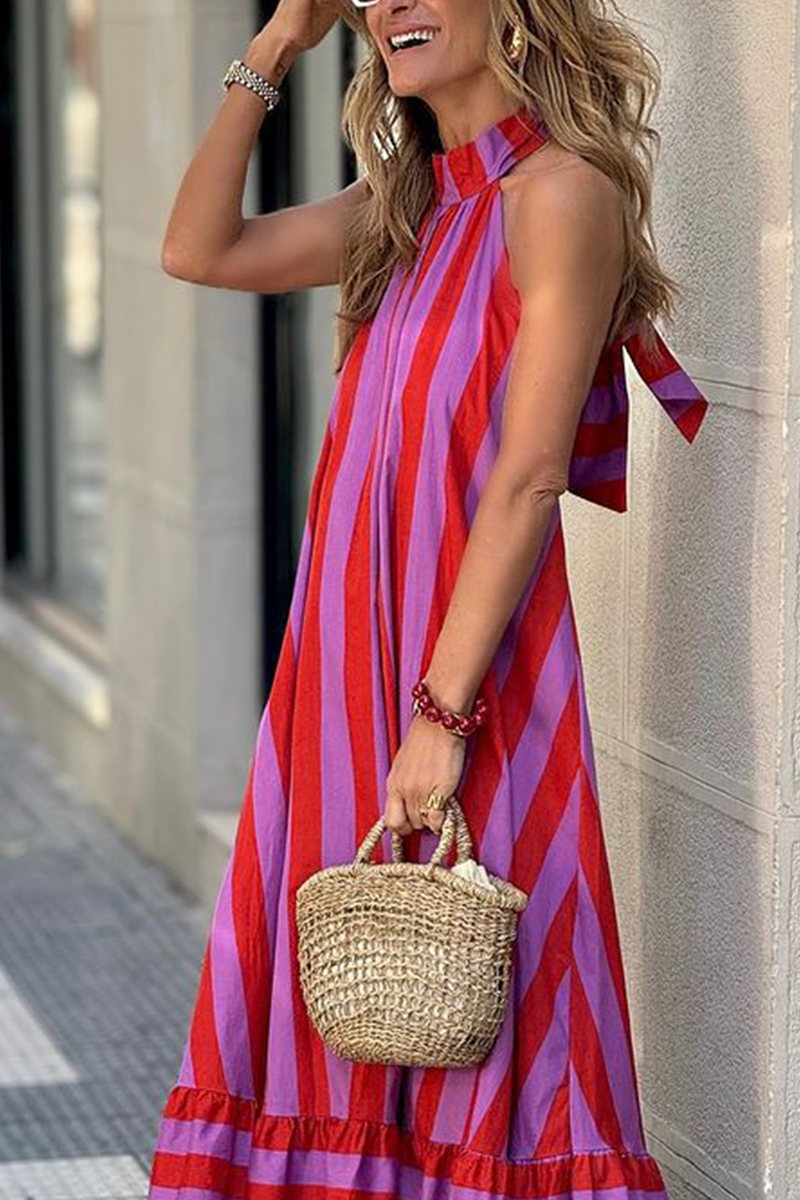 Vestidos casuales de calle con estampado de rayas, con cordones, espalda descubierta, contraste, cuello halter, sin mangas