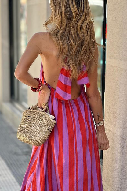 Vestidos casuales de calle con estampado de rayas, con cordones, espalda descubierta, contraste, cuello halter, sin mangas