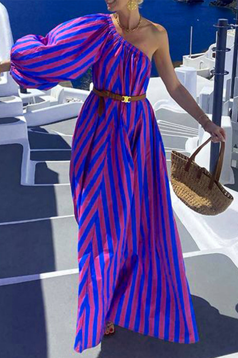 Vestidos casuales de vacaciones con estampado de rayas y cinturón, cuello oblicuo e irregulares