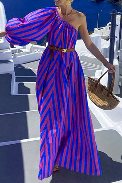 Vestidos casuales de vacaciones con estampado de rayas y cinturón, cuello oblicuo e irregulares