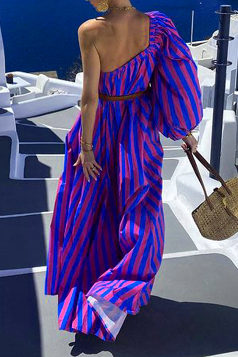Vestidos casuales de vacaciones con estampado de rayas y cinturón, cuello oblicuo e irregulares