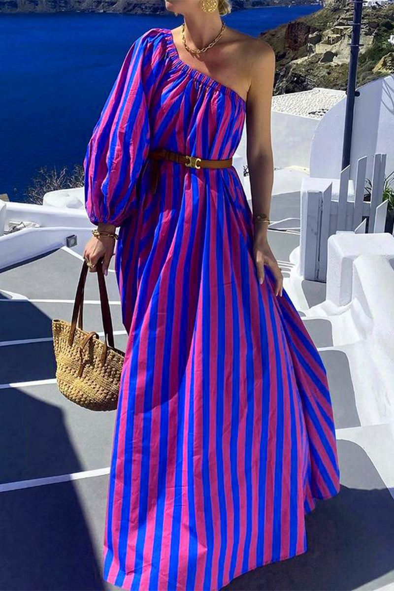 Vestidos casuales de vacaciones con estampado de rayas y cinturón, cuello oblicuo e irregulares