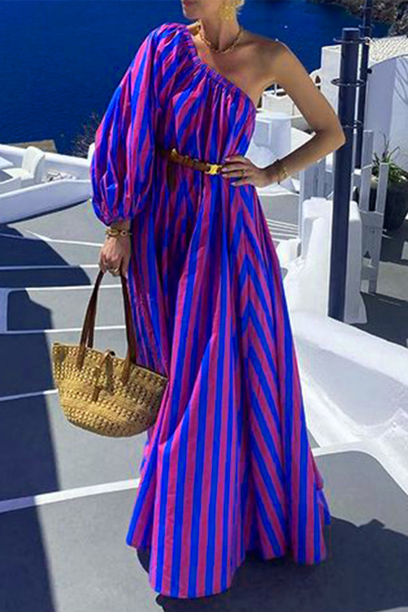 Vestidos casuales de vacaciones con estampado de rayas y cinturón, cuello oblicuo e irregulares