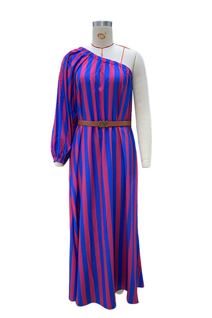 Vestidos casuales de vacaciones con estampado de rayas y cinturón, cuello oblicuo e irregulares
