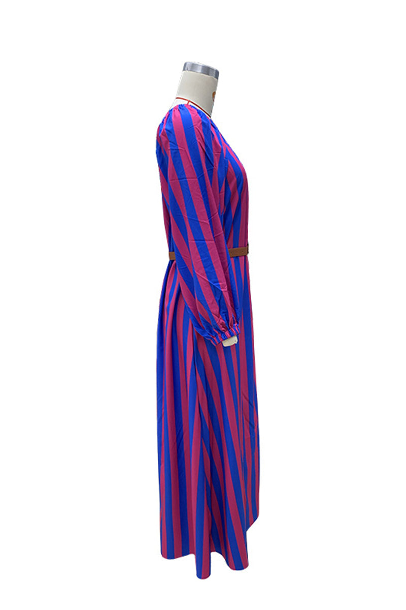 Vestidos casuales de vacaciones con estampado de rayas y cinturón, cuello oblicuo e irregulares