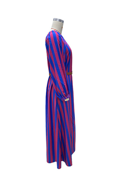 Vestidos casuales de vacaciones con estampado de rayas y cinturón, cuello oblicuo e irregulares
