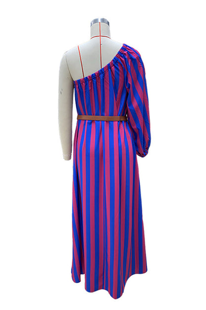 Vestidos casuales de vacaciones con estampado de rayas y cinturón, cuello oblicuo e irregulares