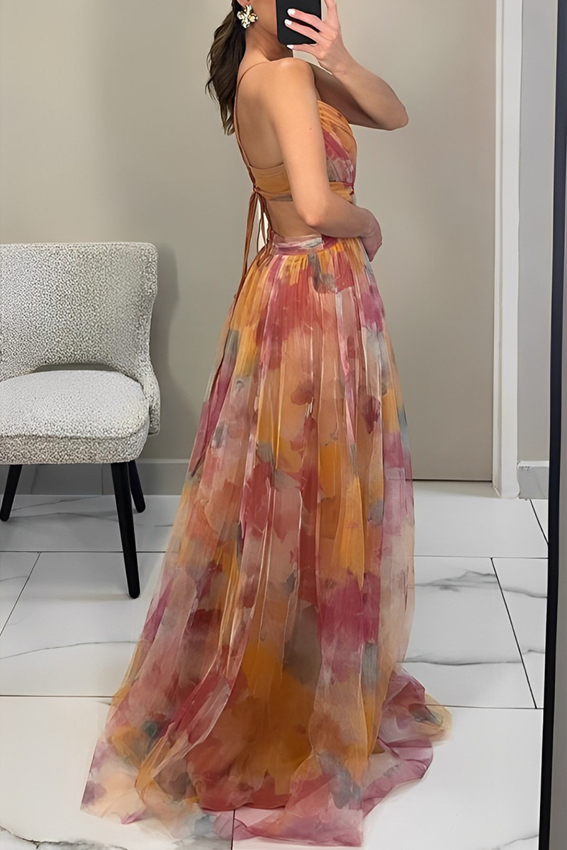 Vestidos largos sexis con escote en V, espalda descubierta y estampado degradado