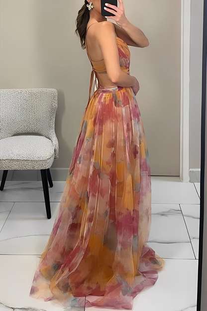 Vestidos largos sexis con escote en V, espalda descubierta y estampado degradado