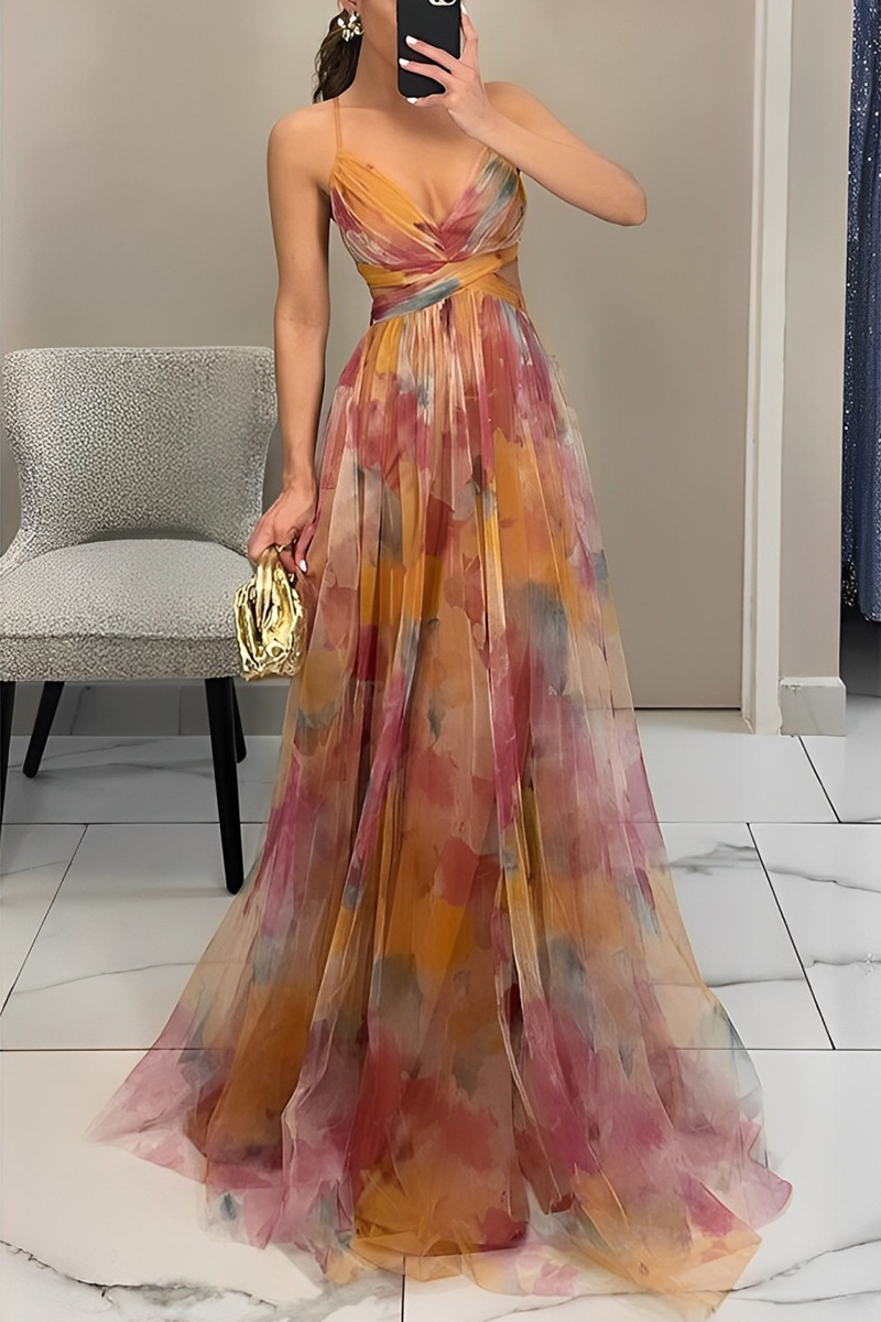 Vestidos largos sexis con escote en V, espalda descubierta y estampado degradado