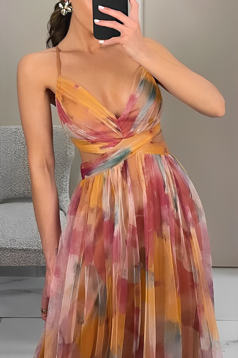 Vestidos largos sexis con escote en V, espalda descubierta y estampado degradado
