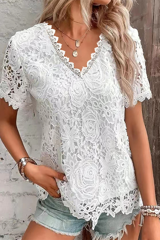 Camisetas informales de cuello en V con encaje de color liso para uso diario (5 colores)