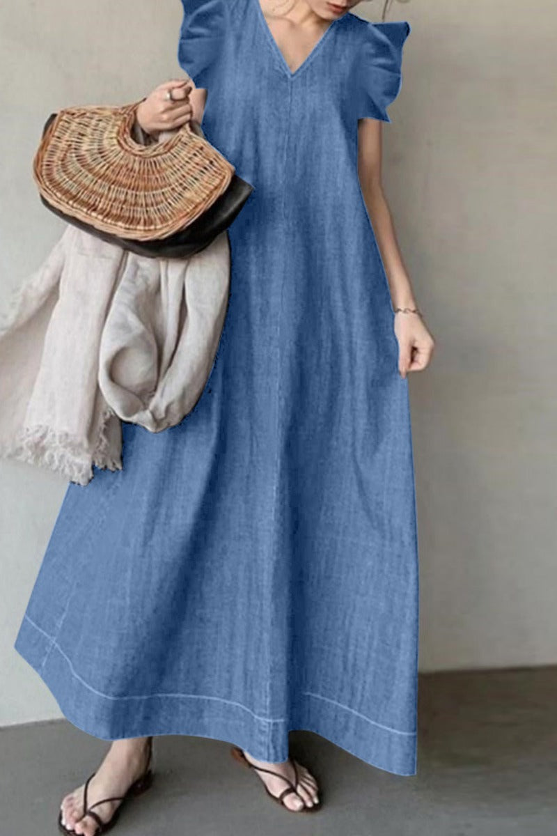 Vestidos vaqueros holgados informales de color liso con escote en V, sin mangas y básicos (3 colores)