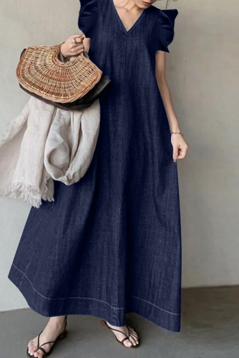 Vestidos vaqueros holgados informales de color liso con escote en V, sin mangas y básicos (3 colores)