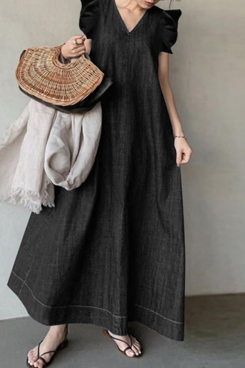 Vestidos vaqueros holgados informales de color liso con escote en V, sin mangas y básicos (3 colores)