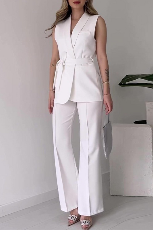 Conjunto informal de dos piezas con cuello en V, sin mangas, color sólido, con cordones (6 colores)