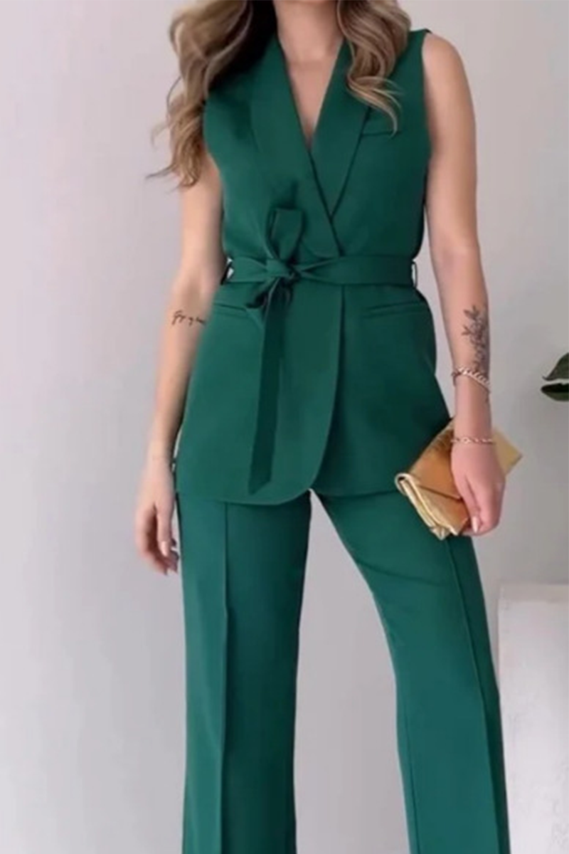 Conjunto informal de dos piezas con cuello en V, sin mangas, color sólido, con cordones (6 colores)