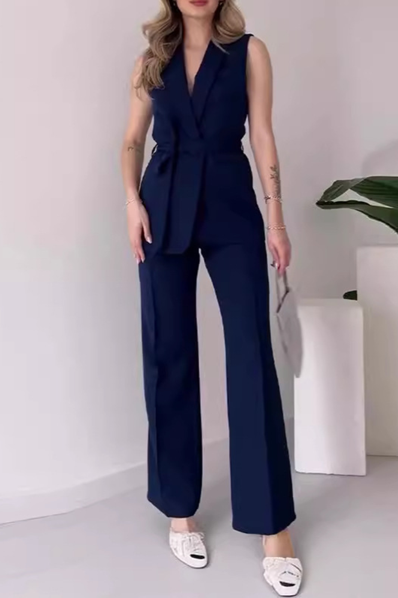 Conjunto informal de dos piezas con cuello en V, sin mangas, color sólido, con cordones (6 colores)