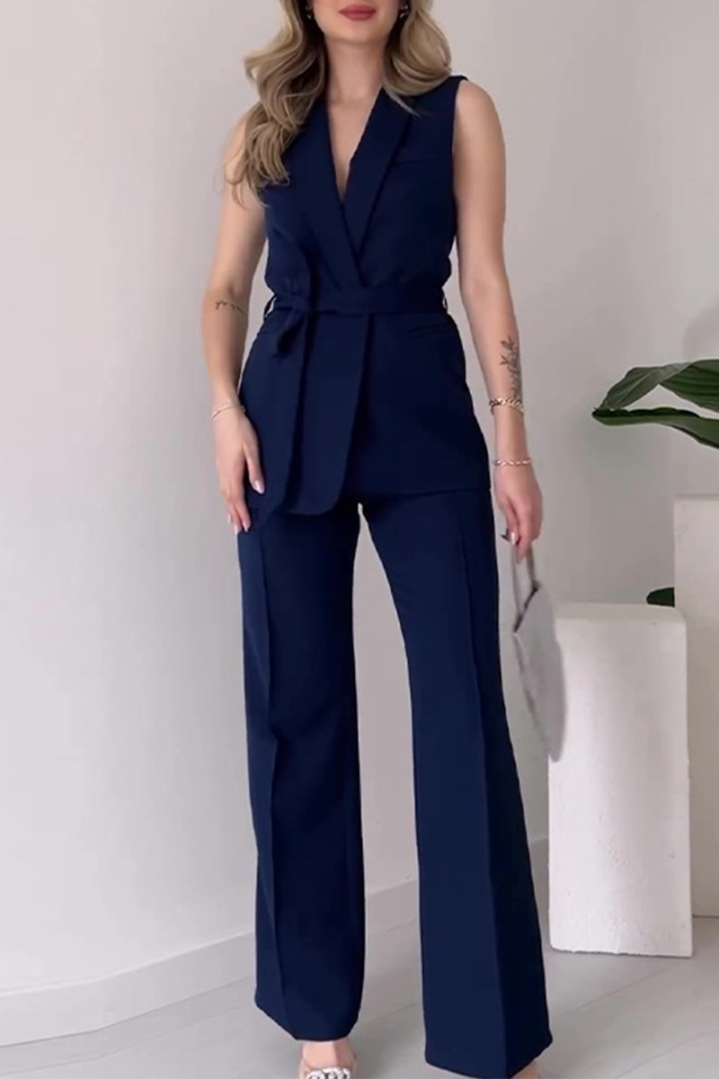 Conjunto informal de dos piezas con cuello en V, sin mangas, color sólido, con cordones (6 colores)