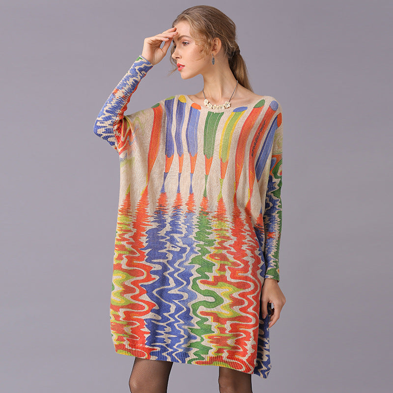 Suéteres de otoño e invierno para mujer, jersey holgado con estampado de lápiz y longitud media, prendas de punto