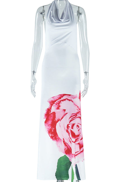 Vestidos largos con cuello halter, diseño de patchwork y tirantes sin espalda y estampado de celebridades