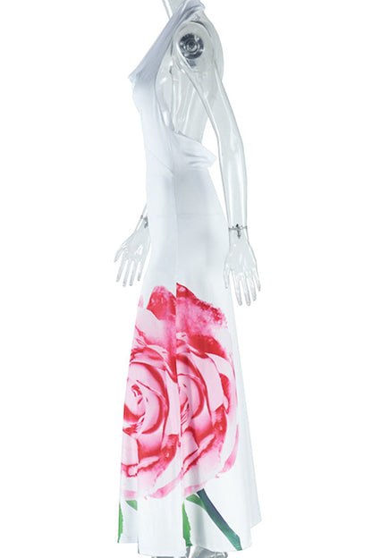 Vestidos largos con cuello halter, diseño de patchwork y tirantes sin espalda y estampado de celebridades