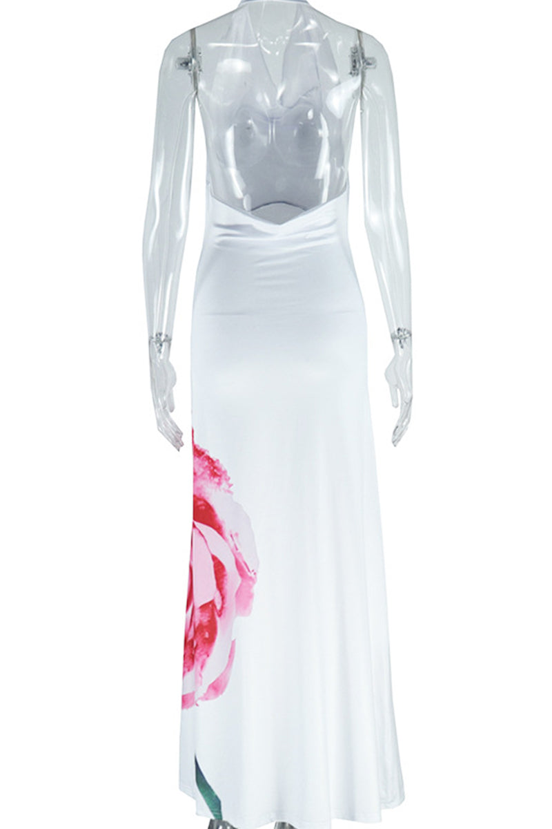 Vestidos largos con cuello halter, diseño de patchwork y tirantes sin espalda y estampado de celebridades