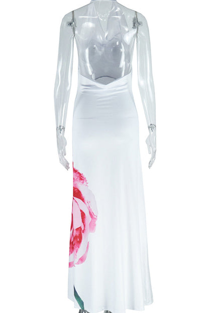 Vestidos largos con cuello halter, diseño de patchwork y tirantes sin espalda y estampado de celebridades