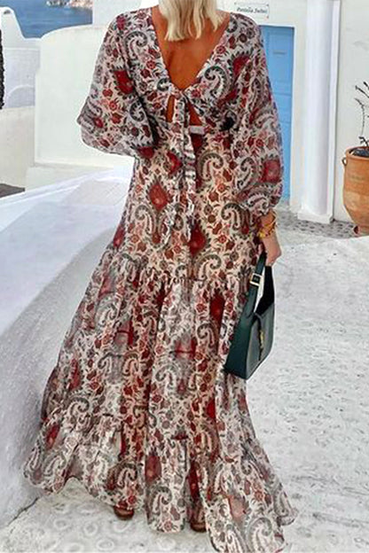 Vestidos casuales de corte A con cuello en V, cordones y estampado geométrico