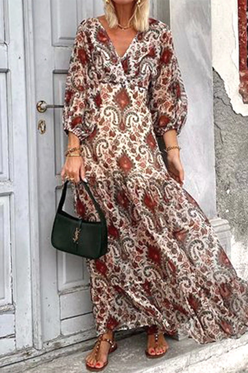 Vestidos casuales de corte A con cuello en V, cordones y estampado geométrico