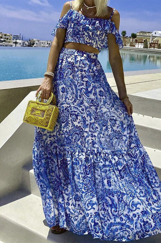 Conjunto informal de dos piezas con estampado floral y volantes de manga corta para vacaciones