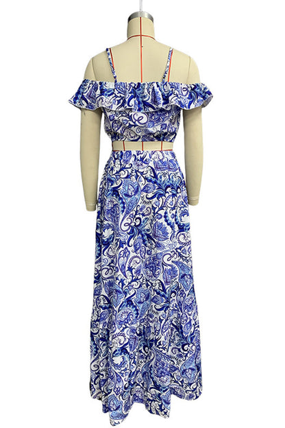 Conjunto informal de dos piezas con estampado floral y volantes de manga corta para vacaciones