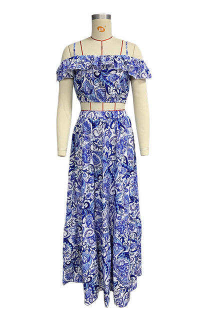 Conjunto informal de dos piezas con estampado floral y volantes de manga corta para vacaciones