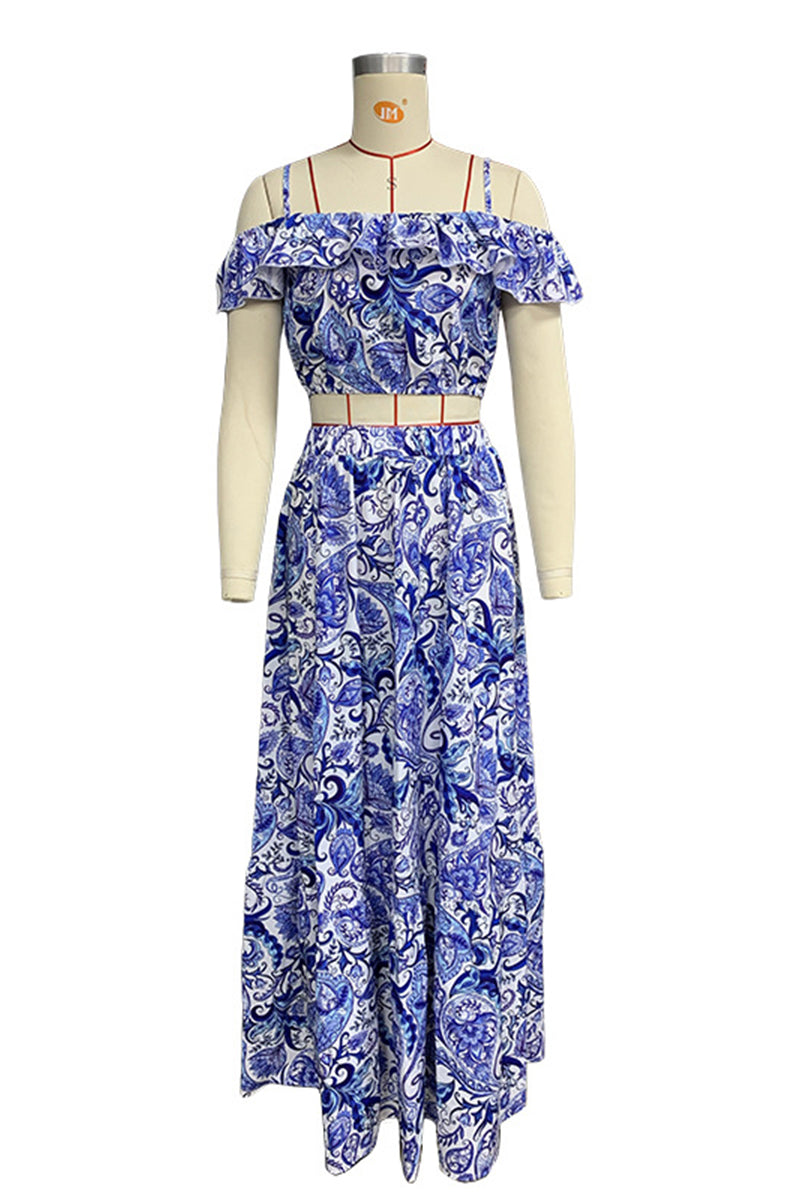 Conjunto informal de dos piezas con estampado floral y volantes de manga corta para vacaciones