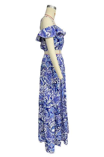 Conjunto informal de dos piezas con estampado floral y volantes de manga corta para vacaciones