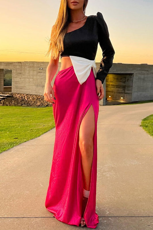 Vestidos largos sexis de patchwork con aberturas y lazos decorados con cuello oblicuo
