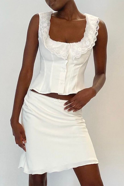 Tops sexys de encaje con cuello en U en color sólido
