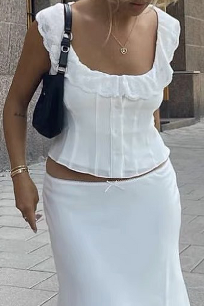 Tops sexys de encaje con cuello en U en color sólido