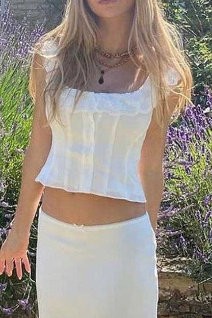 Tops sexys de encaje con cuello en U en color sólido