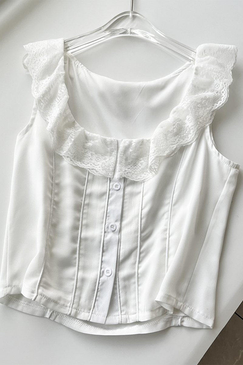 Tops sexys de encaje con cuello en U en color sólido