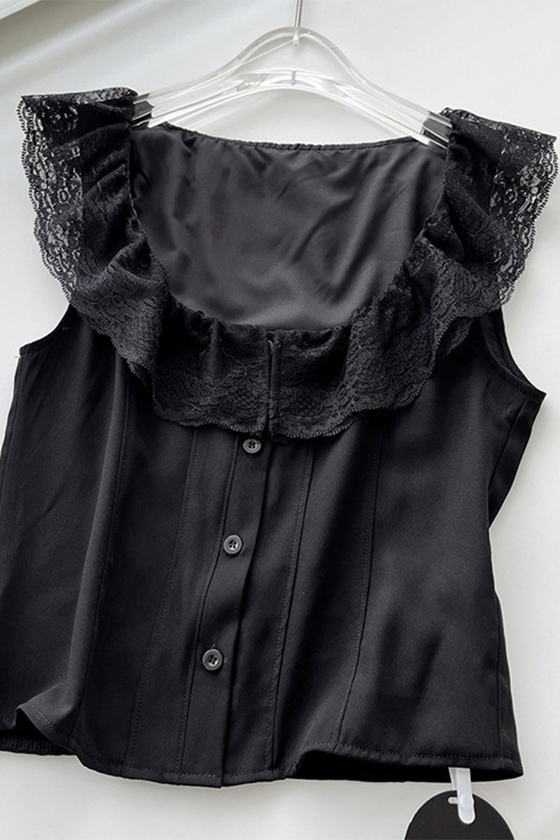 Tops sexys de encaje con cuello en U en color sólido