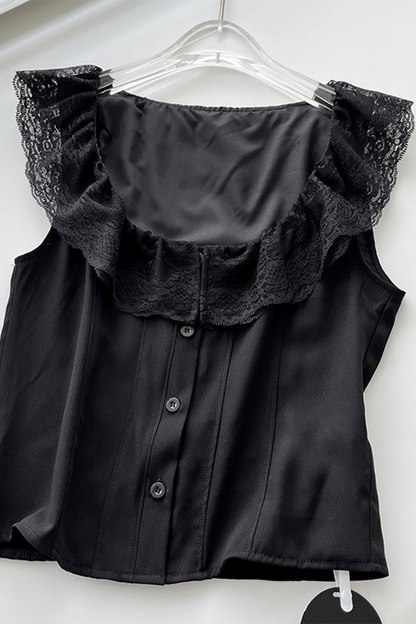 Tops sexys de encaje con cuello en U en color sólido
